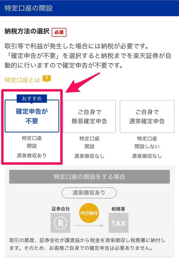 楽天証券口座開設特定口座の開設