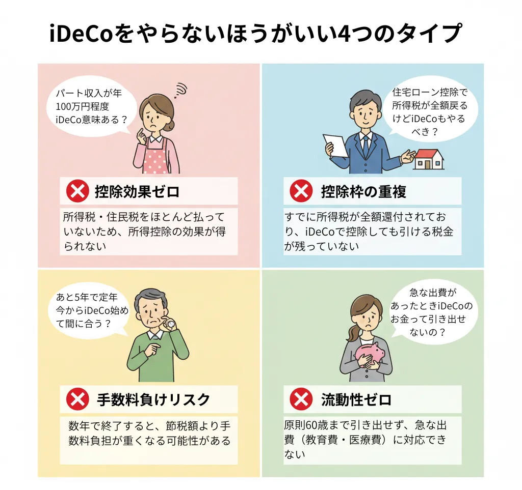 iDeCoをやらないほうがいい人は？・課税所得がほとんどない人（専業主婦・無職など）：所得税を払っていないため控除の効果が受けられないため、・住宅ローン控除などで税額がゼロの人：すでに所得税が全額還付されており、iDeCoで控除しても引ける税金が残っていないため、・拠出期間が短い人：数年で終了すると、節税額より手数料負担が重くなる可能性があるため、・資金拘束が負担になる人：原則60歳まで引き出せず、急な出費に対応できないため、iDeCoの節税効果を活かすなら「安定収入・長期積立・課税所得がある」ことが前提です。